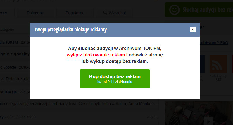 Okno z komunikatem o blokowaniu reklam